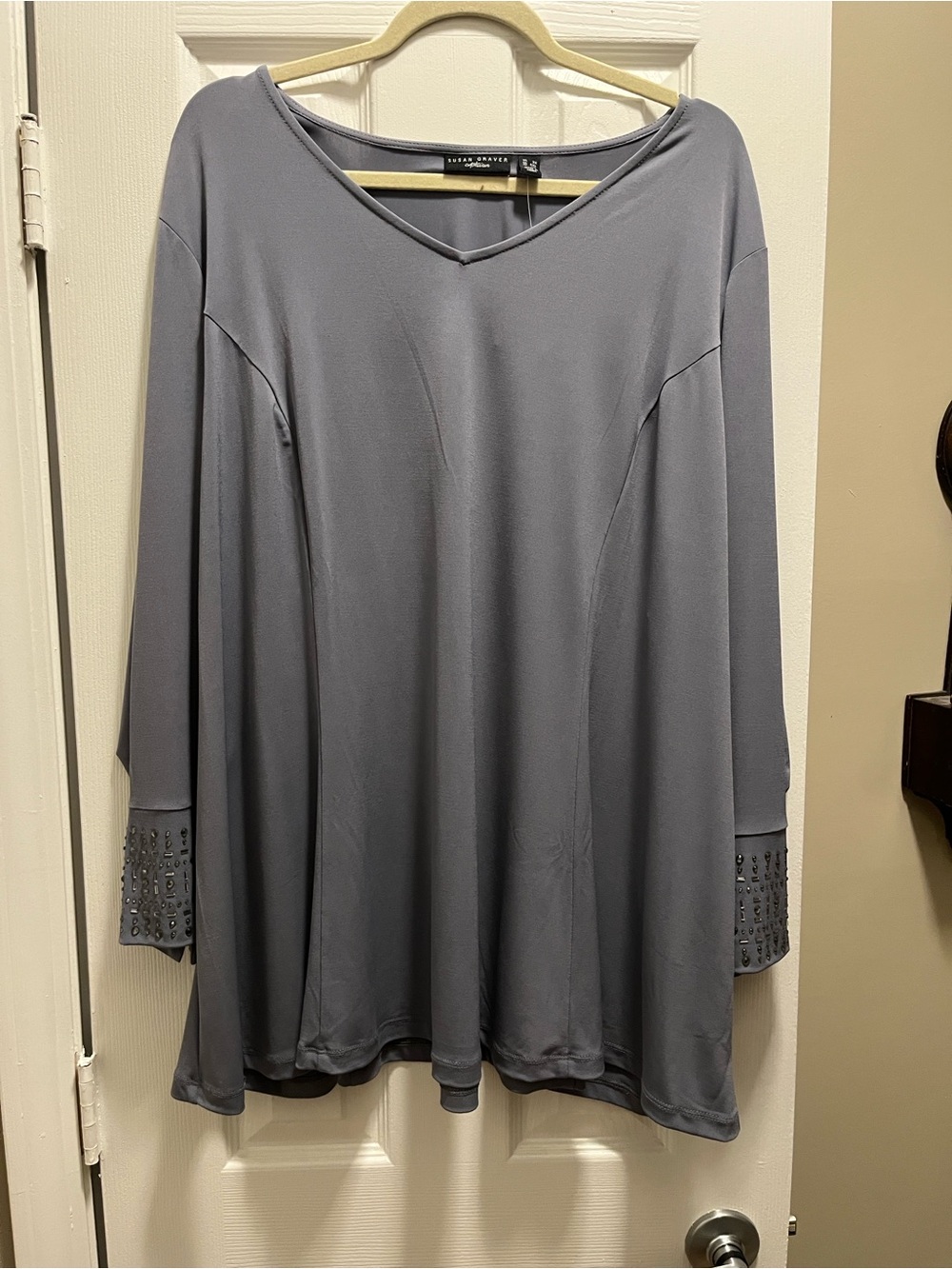Susan Graver Slate Gray V-Neck Tunic with Jeweled Cuffs